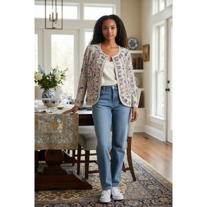 Multiples Linen Blend Oatmeal Ribbon Jacket Open Front Boho Festival Career M